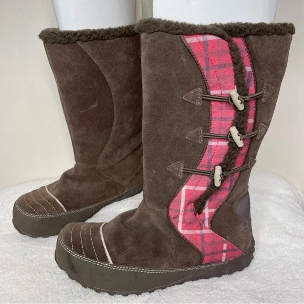 Sorel Boots Suka Suede Pink Plaid Fleece Lined Tall Snow Winter Brown Size 7